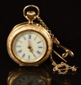 Unnamed 14ct gold keyless winding open faced pocket watch with pierced gold hands, blue Roman