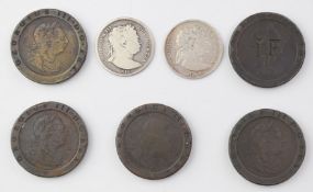 Two George III laureate 'bull head' half crowns 1816 and 1817 and five copper cartwheel twopences,