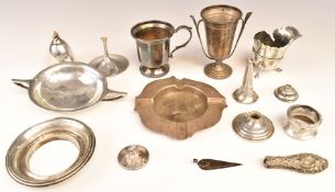 Hallmarked silver items to include twin handled tazza, christening cup, napkin ring, ashtray etc