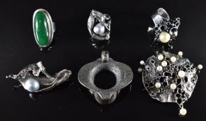 Danish silver ring by Carl Ove Frydensberg, two bespoke silver rings and two matching brooches set
