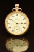 Waltham 9ct gold keyless winding open faced pocket watch with inset subsidiary seconds dial, blued