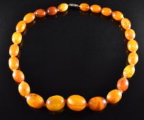 A necklace of graduated oval copal amber beads, 47g