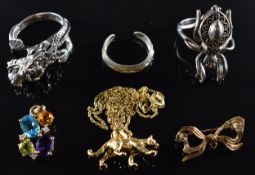 A 9ct gold pendant set with amethyst, peridot, citrine, topaz and diamonds, 9ct gold brooch in the