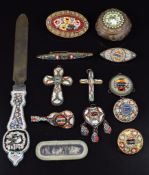 Six 19thC micro mosaic brooches named 'Pompei', 'Venezia', 'Roma', 'Tivoli', 'Soremo', pill box '