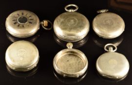 Six silver pocket watch cases including keyless winding and half hunter examples, 223g.