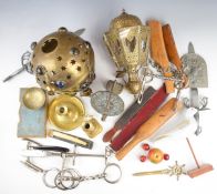 Collectibles to include horse bits, candlesticks, pierced Eastern brass hanging lights, one with