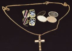 A pair of 9ct gold cufflinks with engine turned decoration (4.8g), a 9ct gold cross and chain (3.3g)
