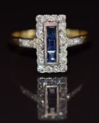 Art Deco 18ct gold ring set with three calibre cut sapphires surrounded by diamonds in a rectangular