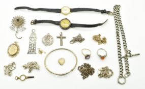 A group of 9ct gold jewellery including locket, ring, bracelet and watch, (10g), together with
