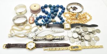 A 9ct gold locket (1.4g), 14k gold necklace set with pearls (3.5g), silver including hallmarked