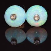 A pair of 9ct gold earrings each set with an opal cabochon and a rose cut diamond, 1.2g