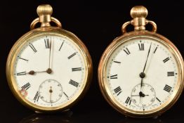 Two gold plated keyless winding open faced pocket watches, each with inset subsidiary seconds