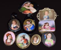 A collection of porcelain portrait miniatures, including two Victorian examples in a jet surround