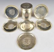 Set of five Iraqi silver coin based dishes and a similar pot, height 8cm, weight of all items 447g