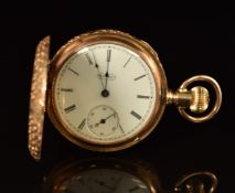 Elgin 14ct gold keyless winding full hunter pocket watch with inset subsidiary seconds dial, blued