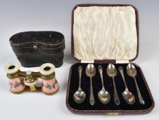 Cased set of six hallmarked silver teaspoons, weight 49g, and a cased pair of guilloché enamel and