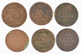 Six 1669 Tetbury town farthing tokens