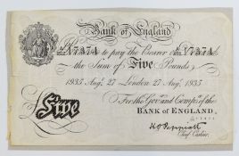 Bank of England white £5 banknote, London branch, 27 August 1935, signed Chief Cashier K.O.