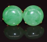 A pair of yellow metal earrings each set with a jadeite cabochon, 5.8g