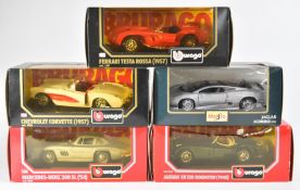 Five Burago and Maisto diecast model cars to include Chevrolet Corvette (1957), Jaguar XJ220 (