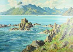 William Russell M.A. oil on board Scottish landscape, signed lower left and with label verso '