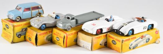 Five Dinky Toys diecast model cars comprising Aston Martin DB3 Sports with grey body, white driver