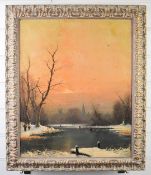 Nils Hans Christiansen (1850-1922) oil on canvas winter landscape with moonlit buildings beyond,
