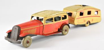 Mettoy or similar vintage tinplate pre war car and caravan