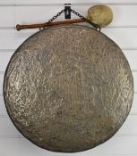 Bronze gong with yew wood striker, diameter of gong 55cm