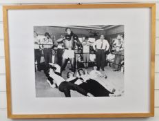 Muhammed Ali autographed photo of him with the Beatles, signed top right, 40 x 49cm, in wooden