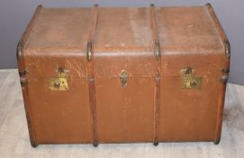 Ash bound vintage travelling trunk, 90 x 56 x 56cm, together with a further smaller trunk