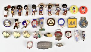 A collection of badges including Golden and Silver Shred Golly advertising examples, Whitbread,