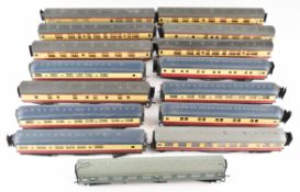 Fifteen 00 gauge model railway maroon coaches including Mk1 and LNER type examples