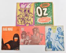Four 1960s OZ magazines, including OZ 28 'School Kids Issue', OZ 27 'Acid OZ', OZ 31 'Yippie OZ' and