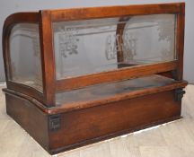 19th / 20thC mahogany cash desk with etched glass panels, W76.5 x D60 x H57cm