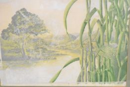 Una or Lina watercolour / gouache mythical landscape, with bird nesting in reeds which form pipes,
