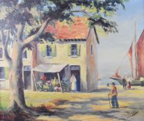 P Dulac oil on canvas French or similar impressionist seaside townscape with sailing boat at the