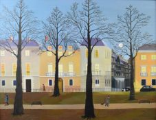 F Veranes acrylic on board London cityscape with figures in the manner of Lowry, signed lower right,