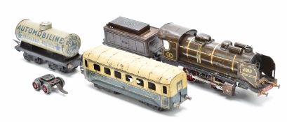 French JEP Nord 0 gauge model railway locomotive together with an Automobiline Des Maris Freres