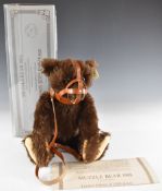 Steiff Muzzle Bear 1908 Replica Teddy bear with brown mohair, felt paws, growler and leather muzzle,