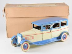 DBS Dusseldorfer Blech-Spielwaren tinplate clockwork car Baron 540 with cream body, blue roof and