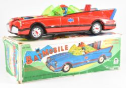 Cien Ge Toys (Taiwan) Battery Operated Tinplate Batmobile with Batman and Robin Figures, CG-1228, in