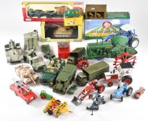 A collection of military and agricultural diecast model vehicles including Dinky, Corgi, ERTL, Lledo
