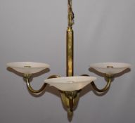 Muller Frères Art Deco three branch chandelier, height excluding chain 36cm