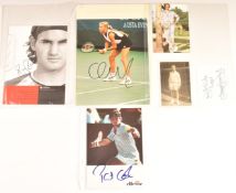A collection of tennis related autographs to include photos signed by Roger Federer, Pat Cash and
