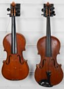 Full size probably continental violin with two piece back together with a ¾ size example, both in