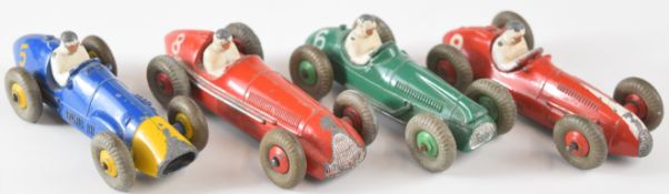 Four Dinky Toys diecast model racing cars comprising, Alpha Romeo 23F, Cooper-Bristol 23G, Ferrari