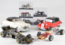 Nine diecast model vehicles including Lotus Racing cars, Citroen 15CV and 1947 Cadillac series 62.