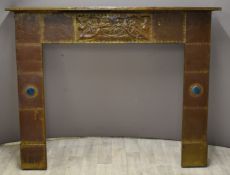 Celtic Arts & Crafts copper fire surround with Ruskin or similar cabochons, overall W162 x H132cm,