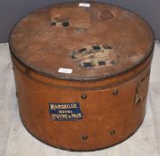 Vintage wooden hat box with South Eastern, Chatham Railway and other labels, diameter 47cm x